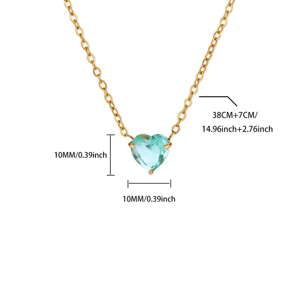 Stainless Steel Birthstone Pendant Necklace for Women Fashion Heart Crystal Zircon Charm Clavicle Chain Birthday Party Jewelry