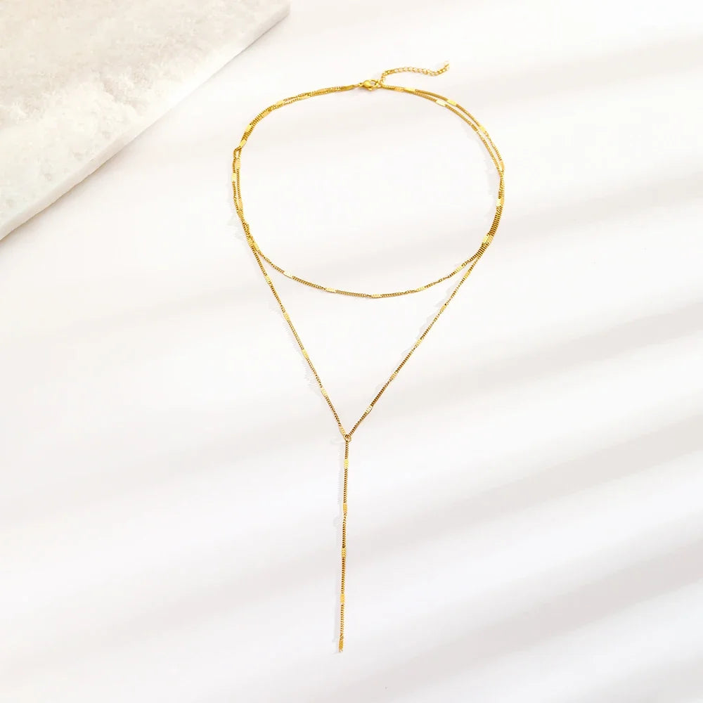 DOTIFI Stainless Steel Fashion Commuter Y-Shaped Fringe Necklace Minimalist Double-Layer Collarbone Chain Jewellery For Women