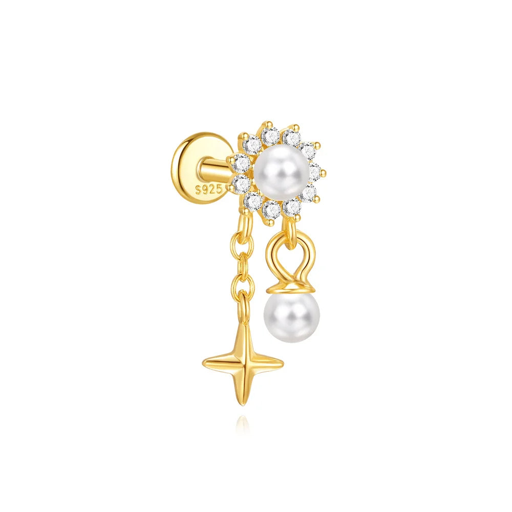 CANNER 1PC Four Pointed Star Moon Tassel Lotus Cartilage Spiral Puncture 925 Sterling Silver Stud Earring For Women Ins Earring