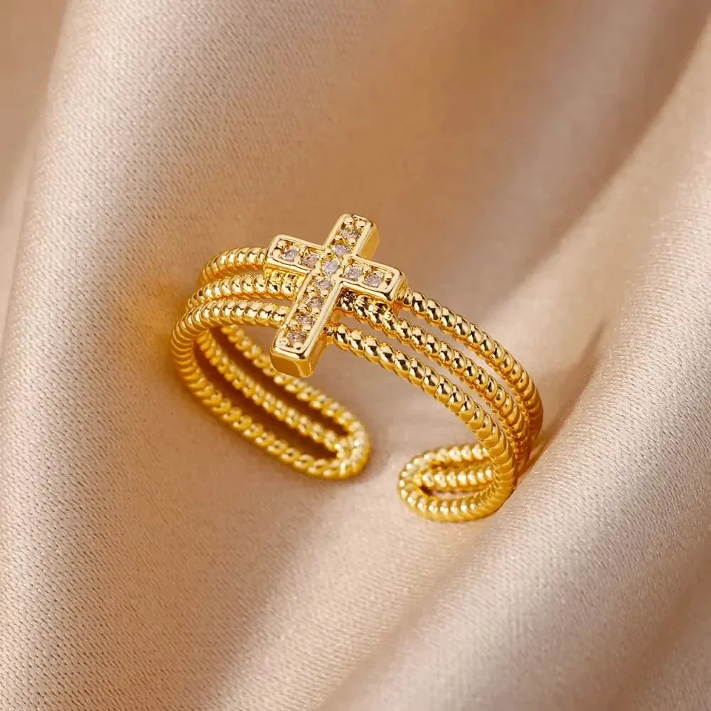 Fashion Zircon Sun Flower Rings For Women Stainless Steel Gold Color Geometric Ring Trendy Wedding Party Aesthetic Jewelry Gifts