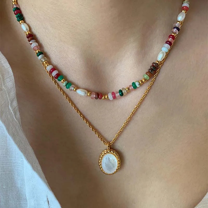 Fashion Colorful Beads Stone Natural Freshwater Pearl Necklaces For Women Retro Gold Color Clavicle Chain Necklace Jewelry Gifts