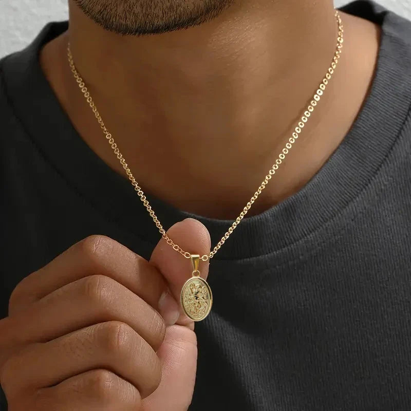 Hypoallergenic 316L Stainless Steel Gold Plated Pendant Necklace - Saint Michael & Saint Christopher, Ideal Gift for Men