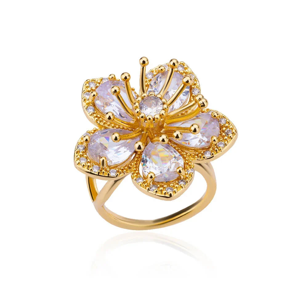 Luxury Colorful Zircon Flower Rings For Women Gold Color Stainless Steel Opening Ring Fashion Wedding Party Aesthetic Jewelry