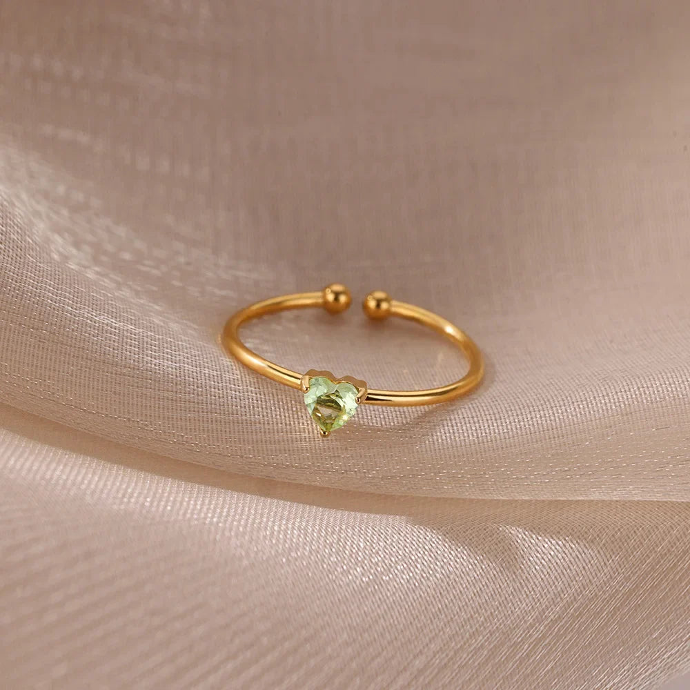 Stainless Steel Birthstone Open Rings for Women Fashion 12-color Crystal Zircon Heart Ring Birthday Aesthetic Jewelry Gift