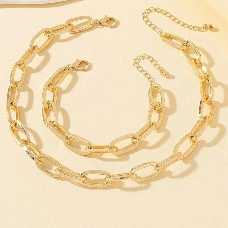 2 PCS Set Gold Color Link Chain Necklace Bracelet Set Punk Bracelet Big Link Chain Dubai Africa Party Jewelry Set Gift FOr Women