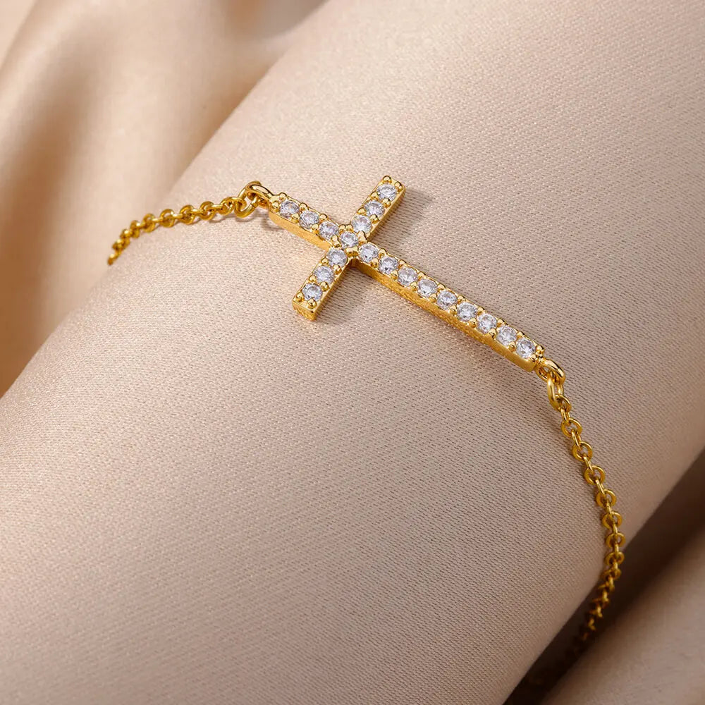 Crystal Cross Bracelets For Women Fashion Gold Plated Stainless Steel Cross Bracelet Vintage Religion Aesthetic Jewelry Gift