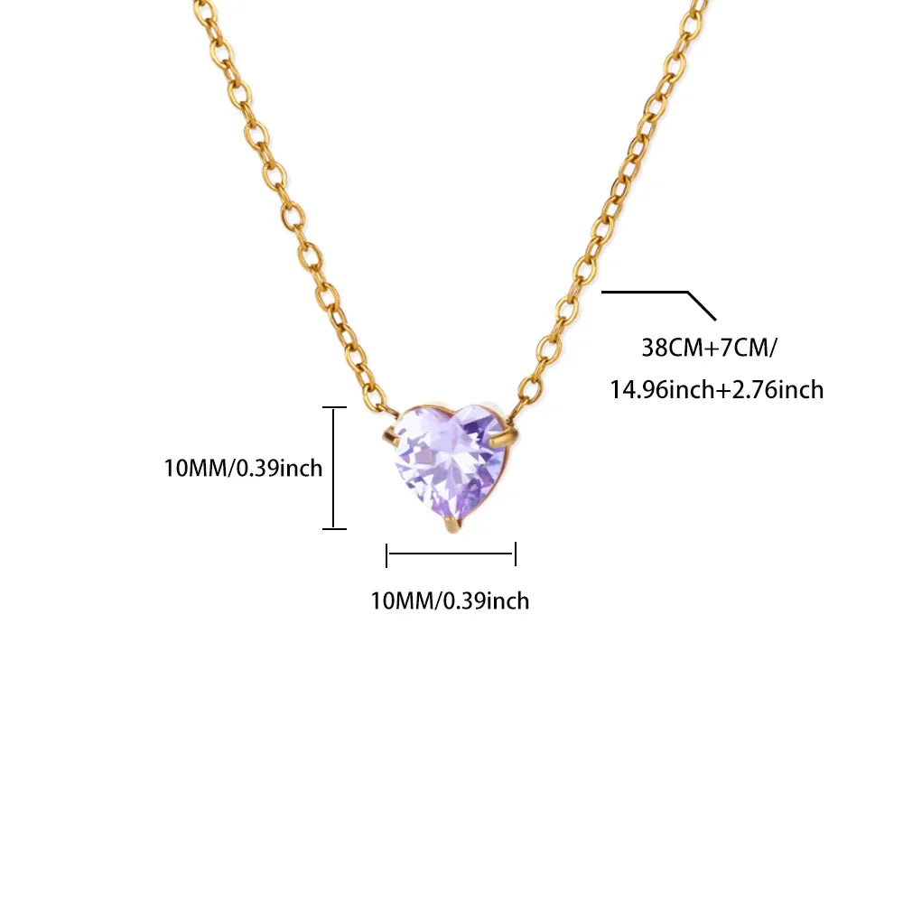Stainless Steel Birthstone Pendant Necklace for Women Fashion Heart Crystal Zircon Charm Clavicle Chain Birthday Party Jewelry