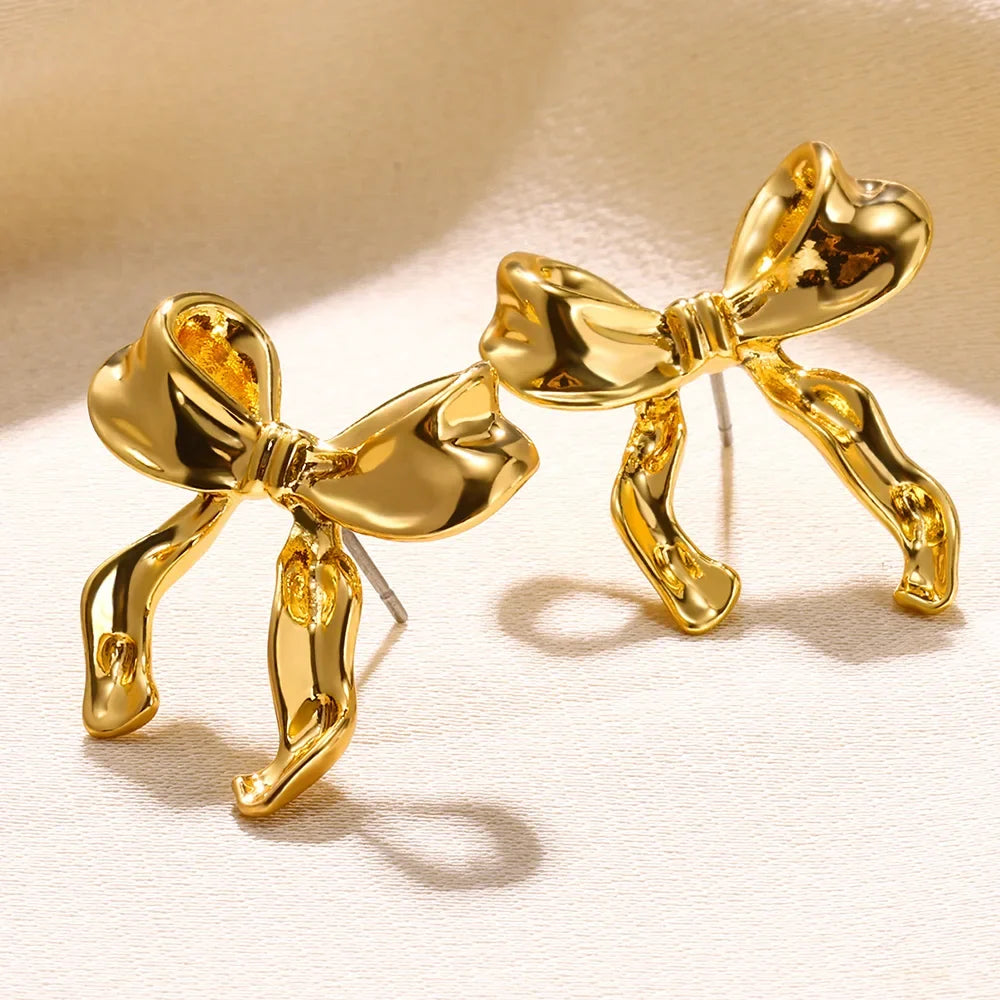 Stainless Steel Thin Bowknot Earrings For Women Gold Color Aesthetic Earring Wedding Christmas Fashion Jewelry Accessories