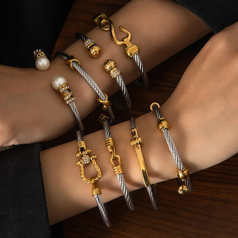 1pcs Stainless Steel Gold-plated Bangle Trendy Retro Hip-hop Style Bracelet Fried Dough Twists Steel Wire Rope Colorfast Bangle