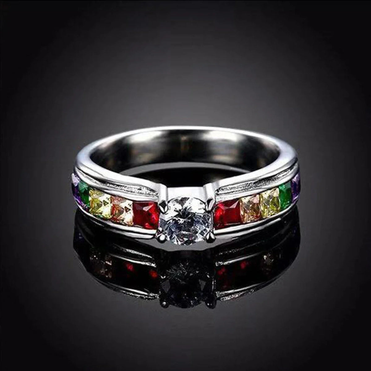 Real 100% 925 Sterling Silver Color Rainbow Cubic Zircon Rings For Women Wedding Lovely Engagement Proposal Ring Accessory