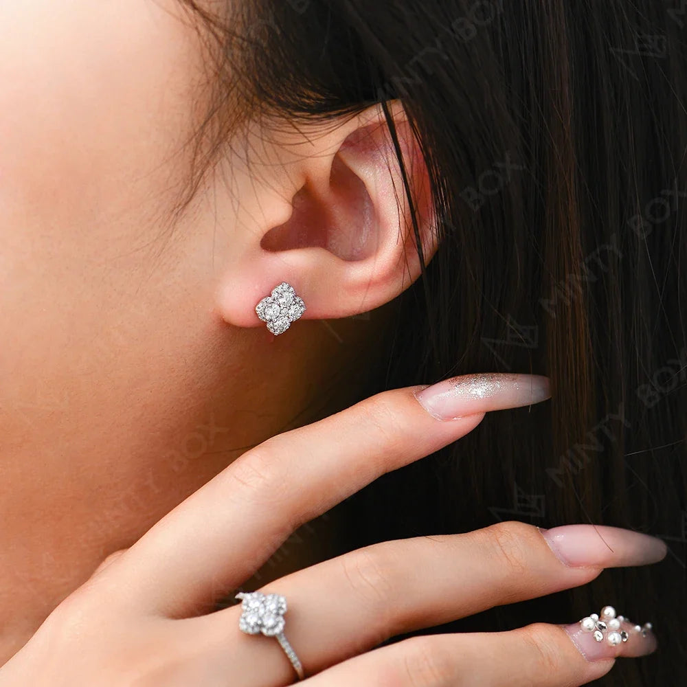 MINTYBOX S925 Silver D/VVS1 Moissanite Stud Earrings for Women Clover Lab Diamond Earring 1.054ctw Luxury Wedding Fine Jewelry