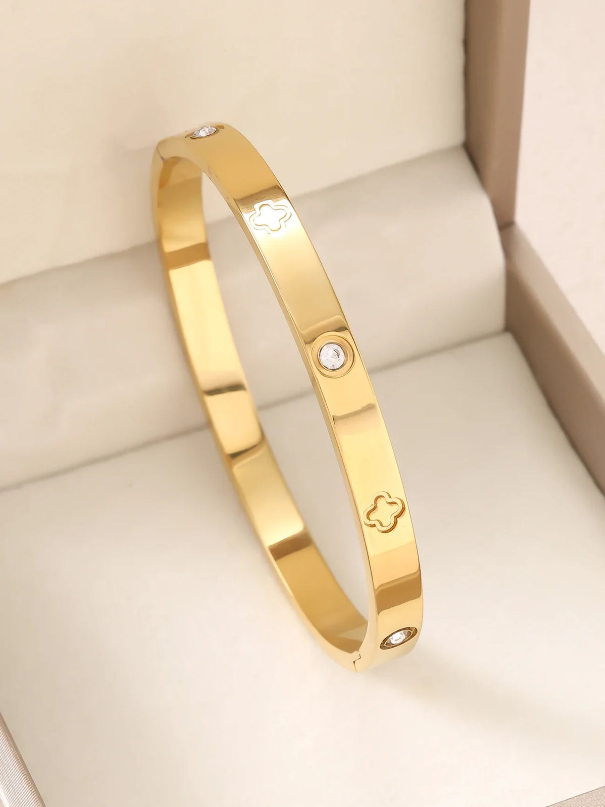 1pc 18K Gold Plated Stainless Steel Stackable Bracelet With Chain And Clover Design, Fashion Style For Women, Suitable For Casua