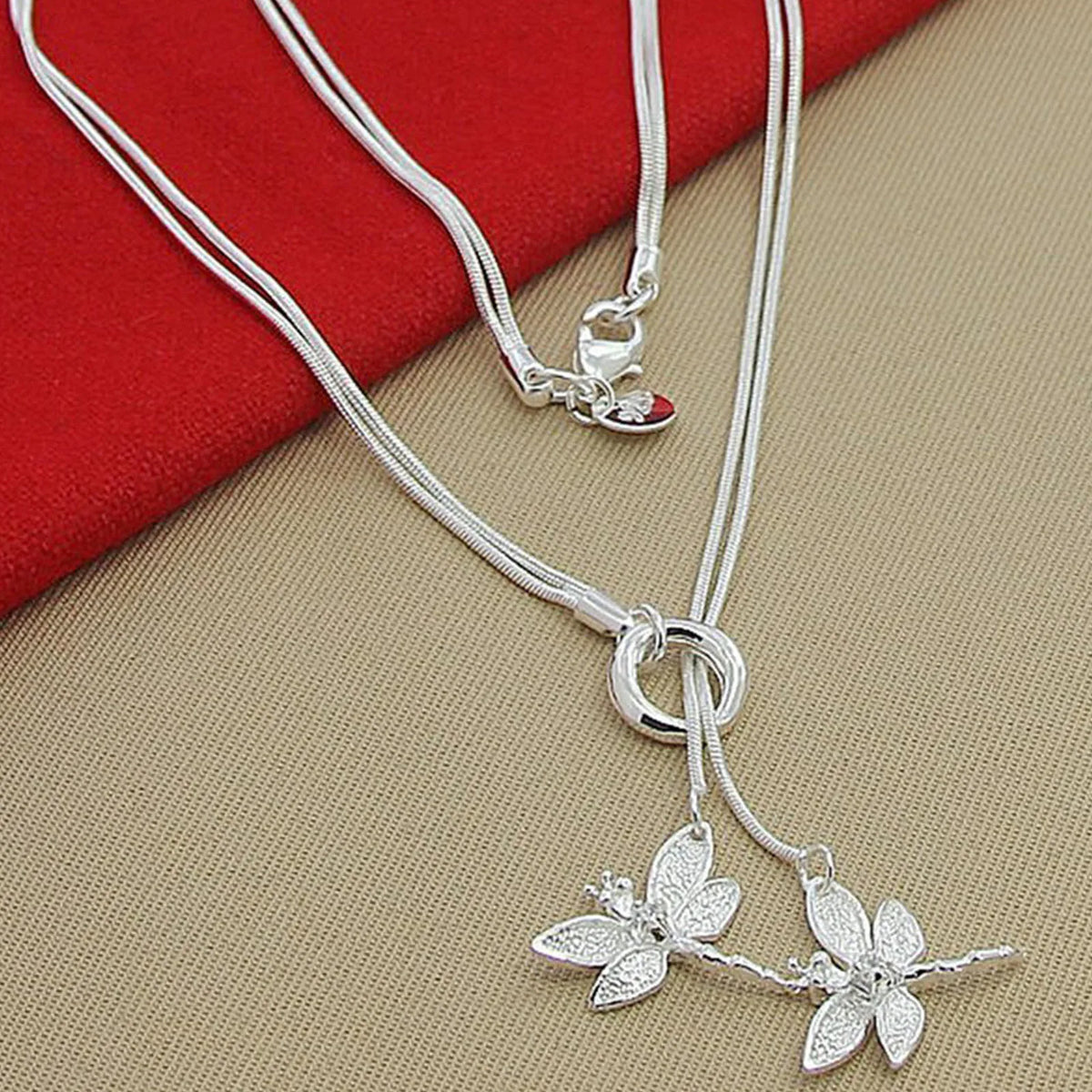 925 Sterling Silver Two Dragonfly Pendant Necklace For Women Snake Chain Necklace Wedding Engagement Jewelry