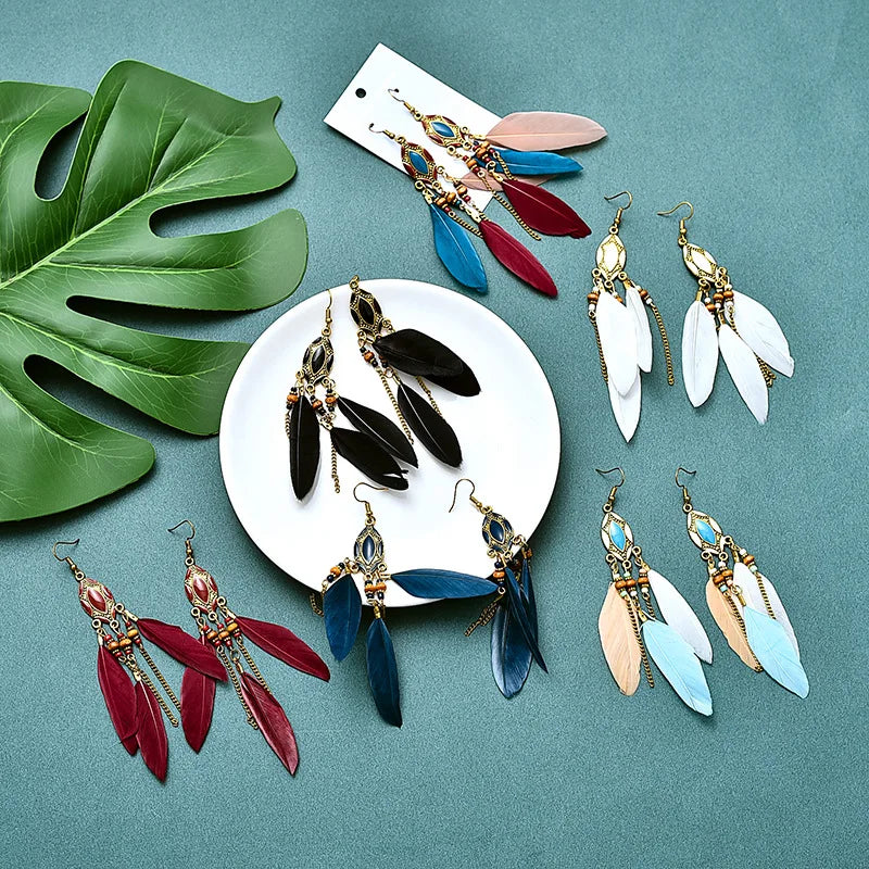 Bohemian Ethnic Feather Earrings For Women Long Tassel Beads Handmade Drop Dangle Earrings Girl Fashion Wedding Jewelry Gift