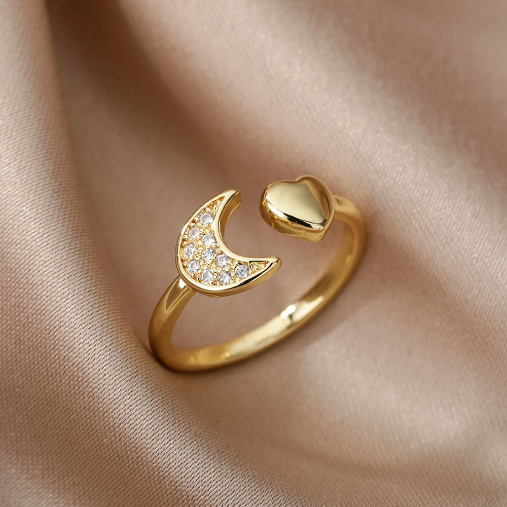 Zircon Heart Rings For Women Stainless Steel Gold Color Geometric Open Finger Ring Fashion Wedding Aesthetic Jewelry Gift