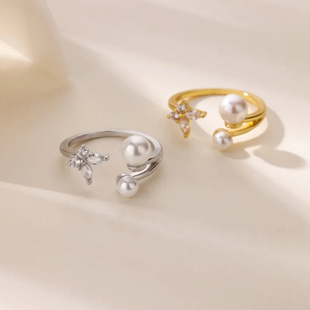 Zircon Butterfly Imitation Pearl Ring For Women Stainless Steel Gold Color Ring 2025 New Fashion Wedding Couple Jewelry Gifts