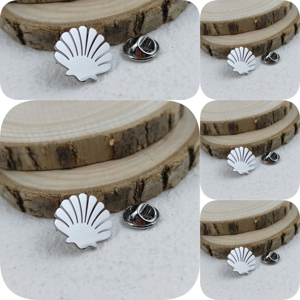 New shell fan-shaped men's lapel pin, stainless steel gold-plated badge, black brooch for suit accessories, gift for father