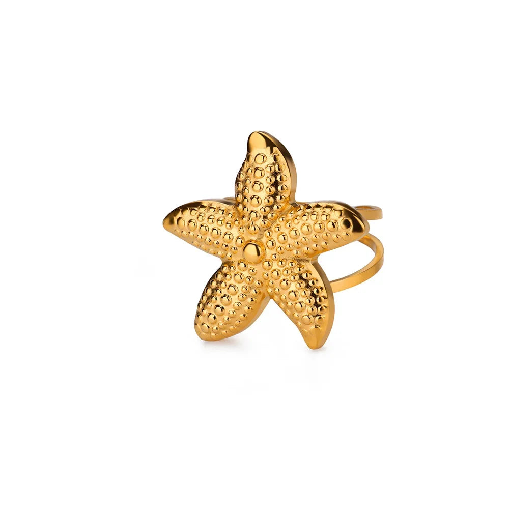 316L Stainless Steel Starfish Shell Rings for Women Gold Color Open Finger Ring Femme Trendy Summer Vacation Ocean Jewelry Gift
