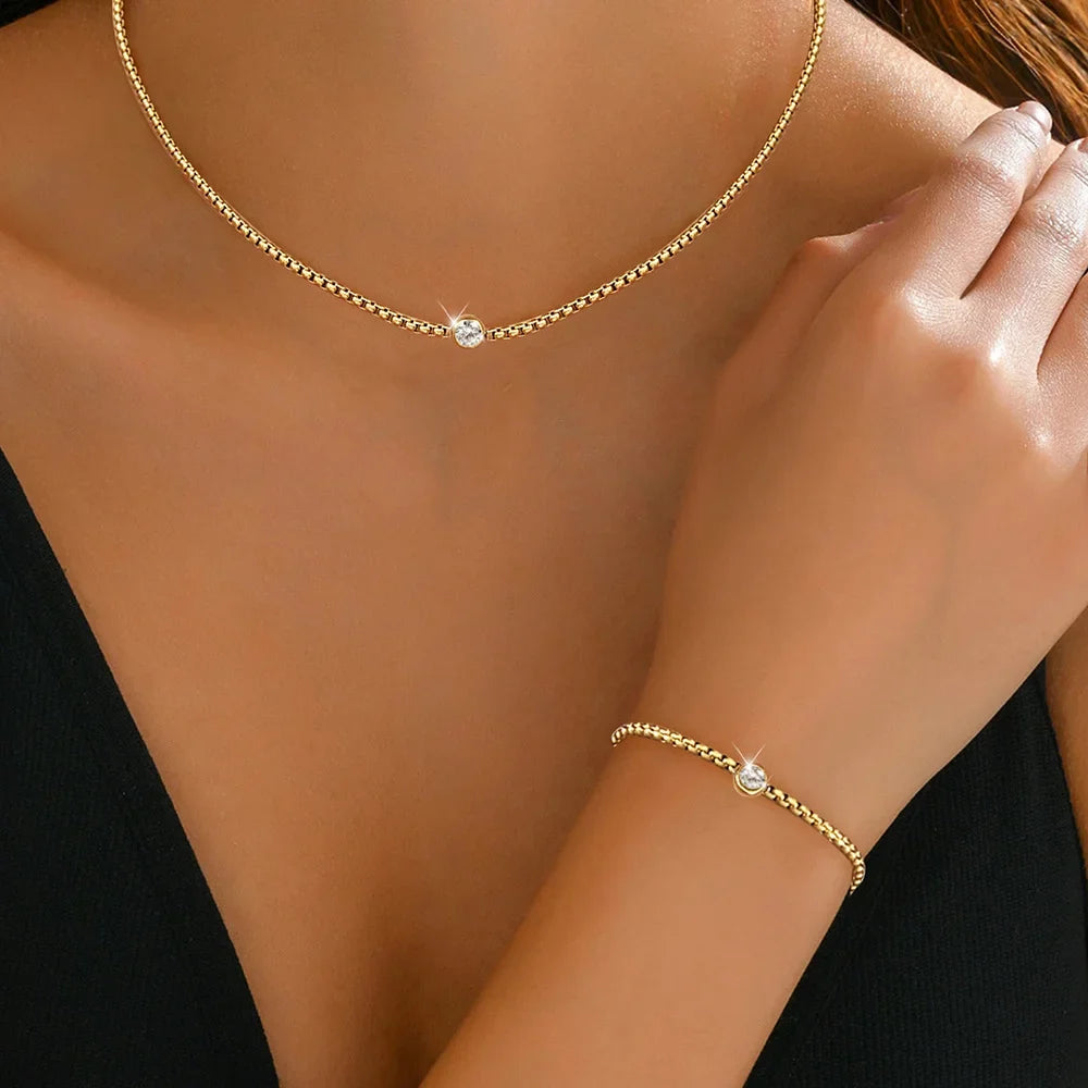 Boho Bead Chain Zircon Bracelet and Necklace Set, Waterproof Stainless Steel Women's Jewelry, Wife Girlfriend Gift