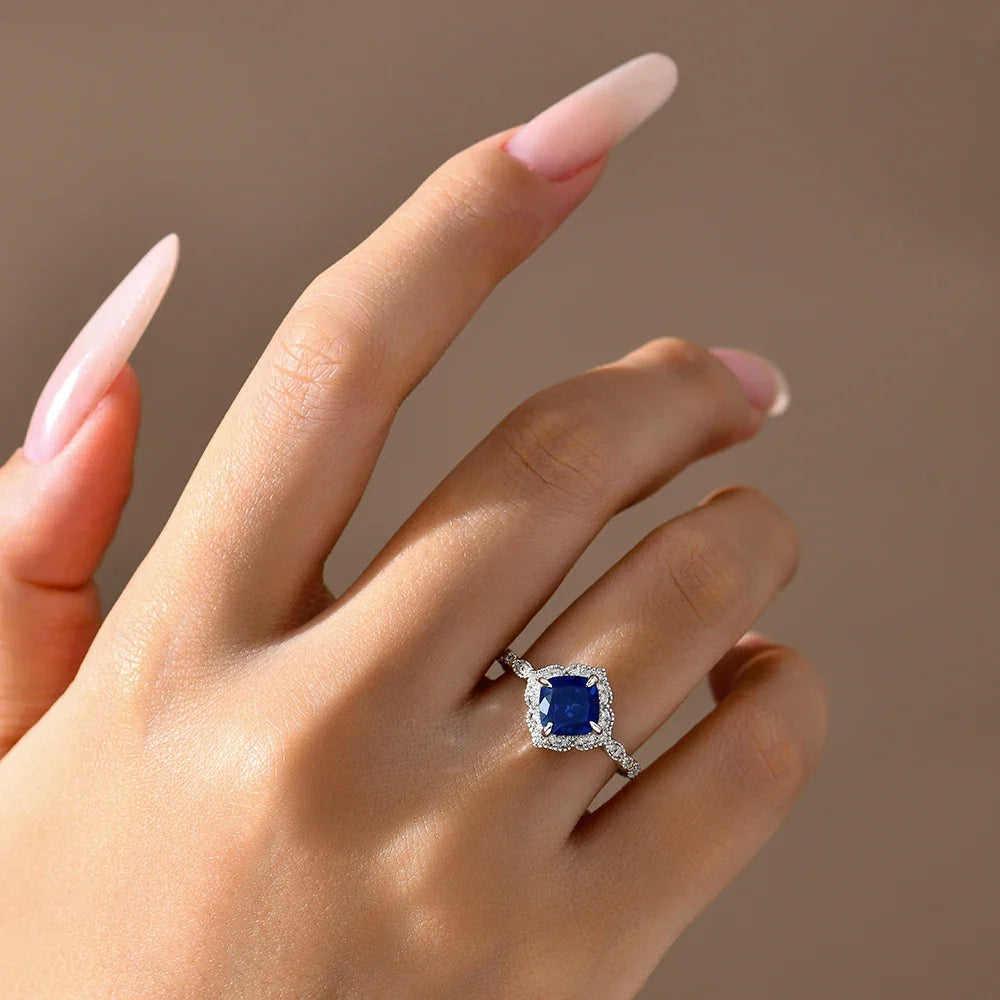 MINTYBOX S925 Silver 2.0ct Cushion Sapphire Engagement Rings for Women Lab Gemstone Halo Ring Wedding Fine Jewelry Bride's gift