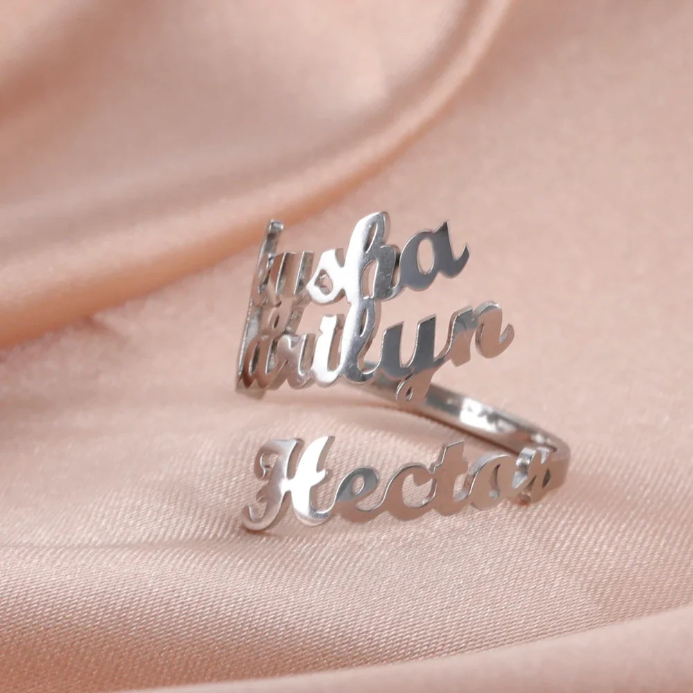 Custom Double First Name Finger Ring For Women Men Personalized Couple Family Gift Gold Color Stainless Steel Metal Jewelry