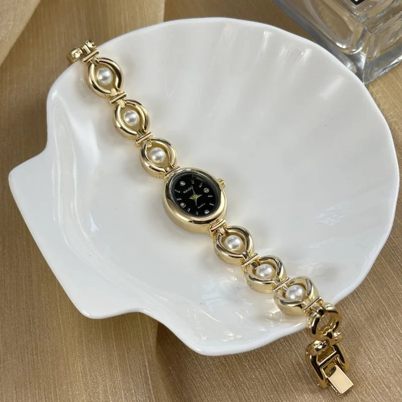 Luxury Pearl Inlaid Bracelet Watch Fashion Women Quartz Watch Brand Oval Dial Dress Wristwatches Dropshipping Relojes Para Mujer