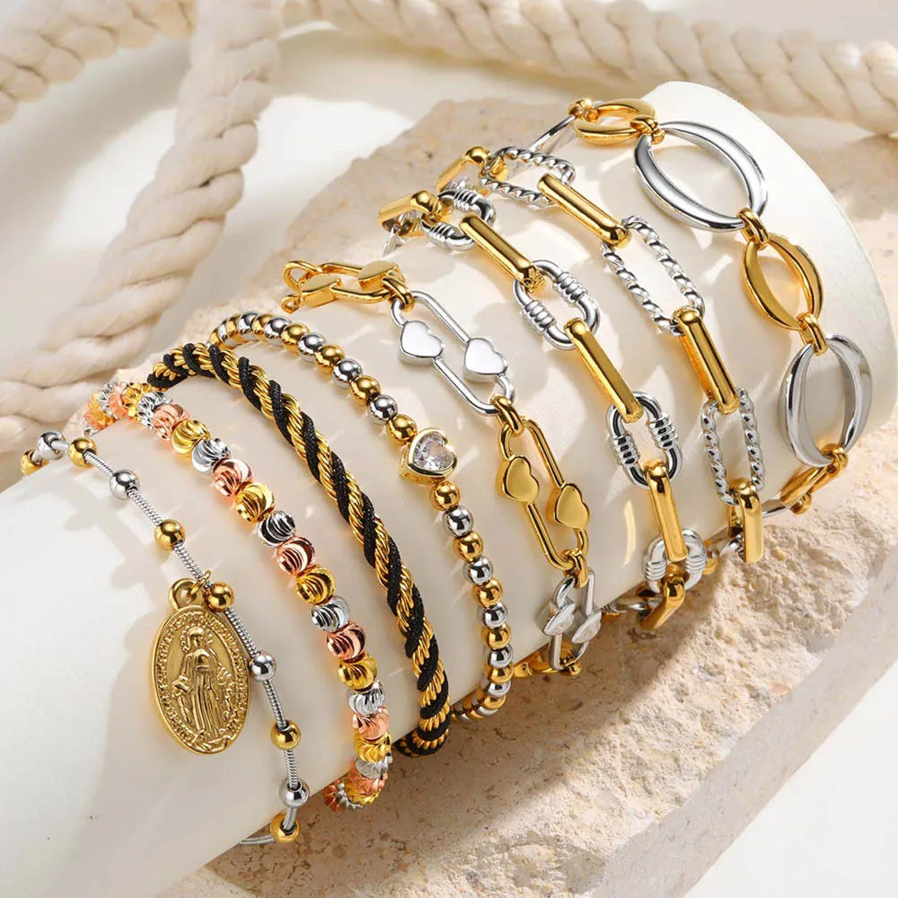 Two Tone Chain Bracelet for Women, Chunky Mixed Metal Link, Stainless Steel Waterproof Jewelry, Stylish Adjustable Wristband