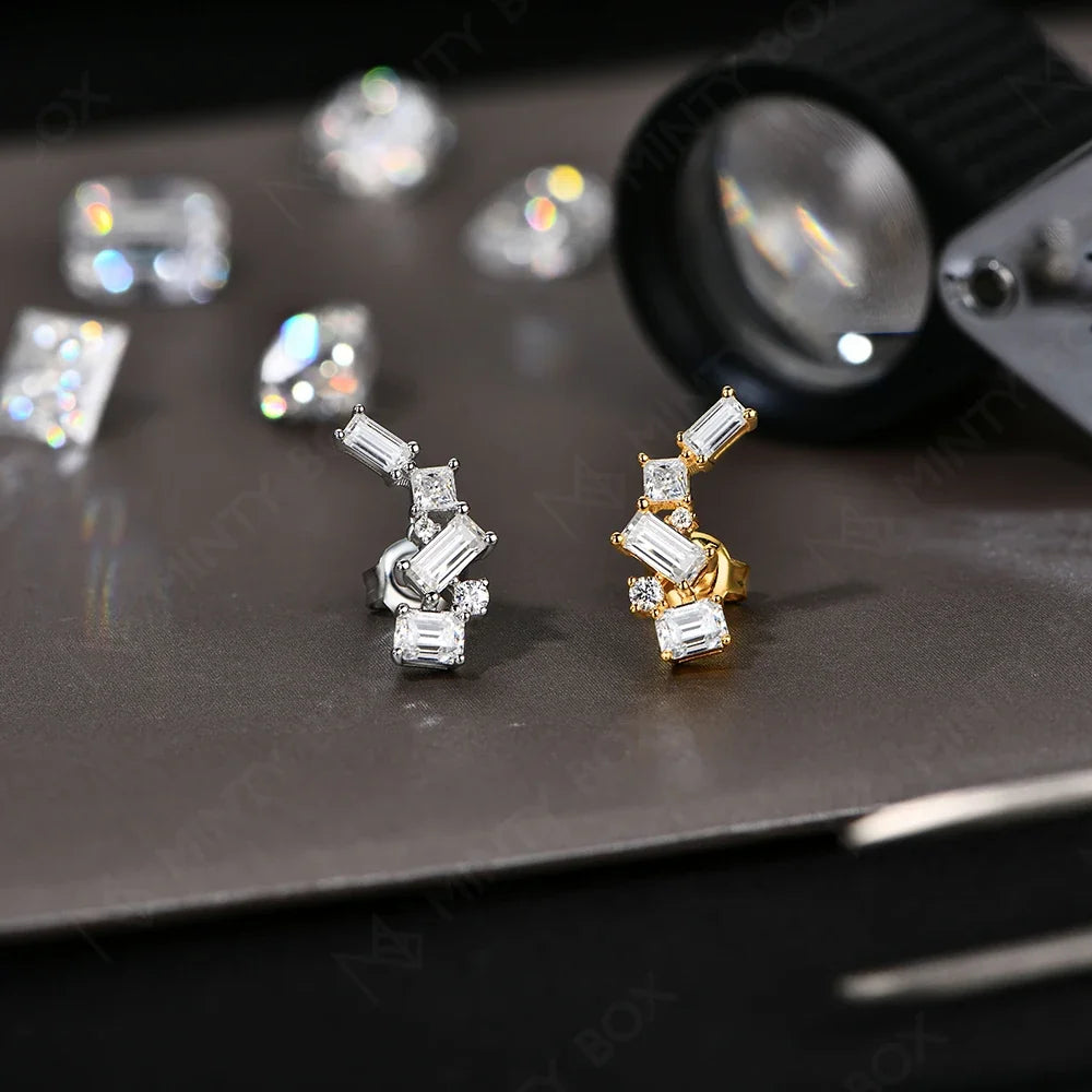 MINTYBOX Moissanite Stud Earrings for Women S925 Sterling Silver Lab Diamond Baguette shape Irregular Earring Engagement Jewelry