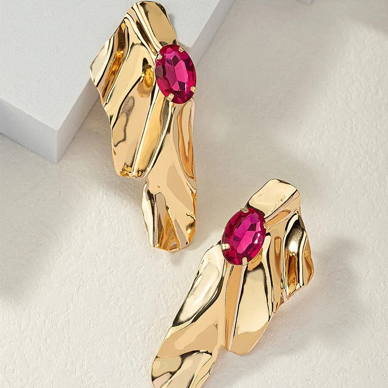 Obega Geometric Fuchsia Stone Earrings  Warm Gold Color Flower Shape Women Earring Stud Party Beach Jewelry For Girls