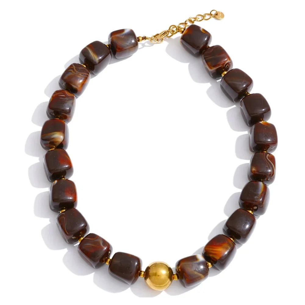 Yhpup Acrylic Square Beads Chain Necklace Bracelet Bangle Stainless Steel Handmade Jewelry Waterproof Green Khaki Pink Amber