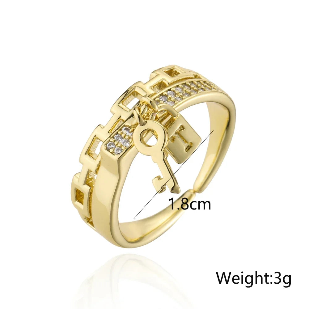 NEWBUY Fashion Gold Color Copper Wedding Jewelry Luxury AAA CZ Zircon Lock & Key Charm Finger Ring Adjustable For Women Girl