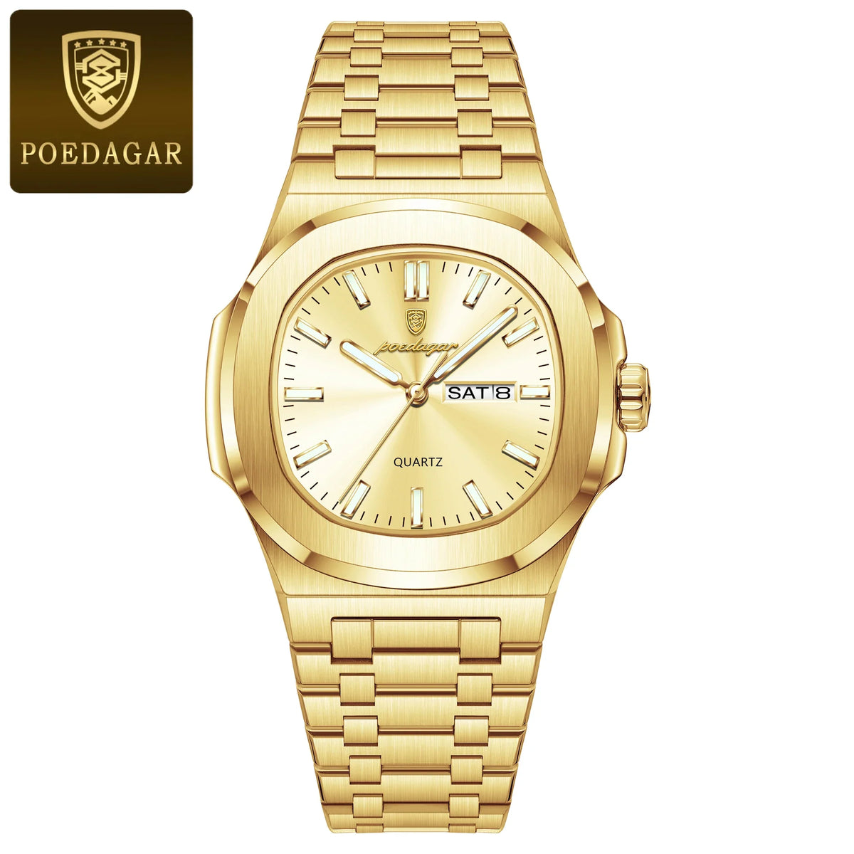 POEDAGAR Trendy Casual Wristwatch For Men Week Date Stainless Steel Man Watch Luminous Waterproof Luxury Quartz Men Watches+Box