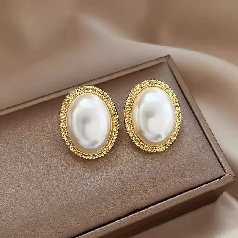 Imitation Pearl Zircon Retro Elegant Irregular Oval Square Hollow Out Earrings for Women Party Autumn Winter Jewelry