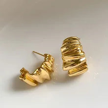 Personality Irregular Wavy Pleated Hoop Earrings for Women New Charm Gold Color Stainless Steel Dangle Jewelry Accessories Gift