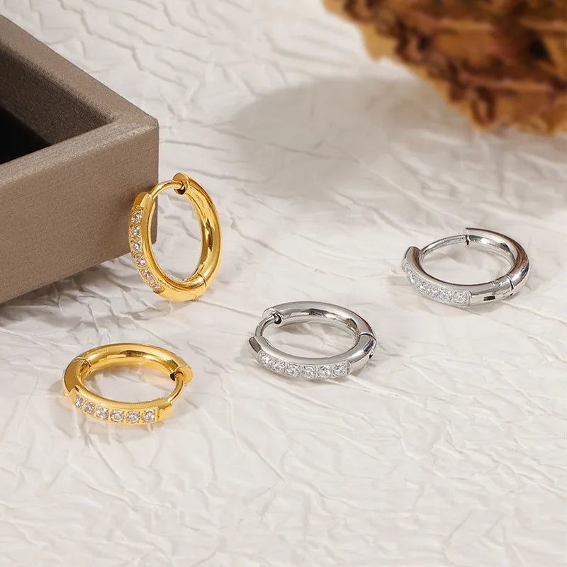Stainless Steel Pave CZ Huggie Hoop Earrings for Women Men