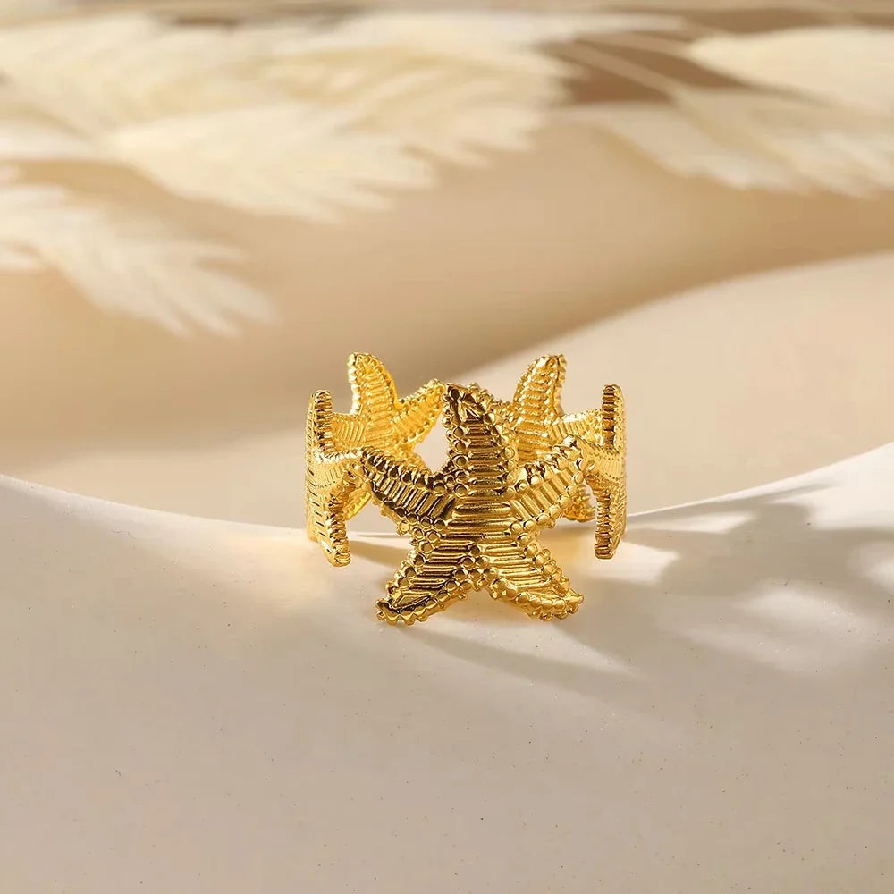 316L Stainless Steel Starfish Shell Rings for Women Gold Color Open Finger Ring Femme Trendy Summer Vacation Ocean Jewelry Gift