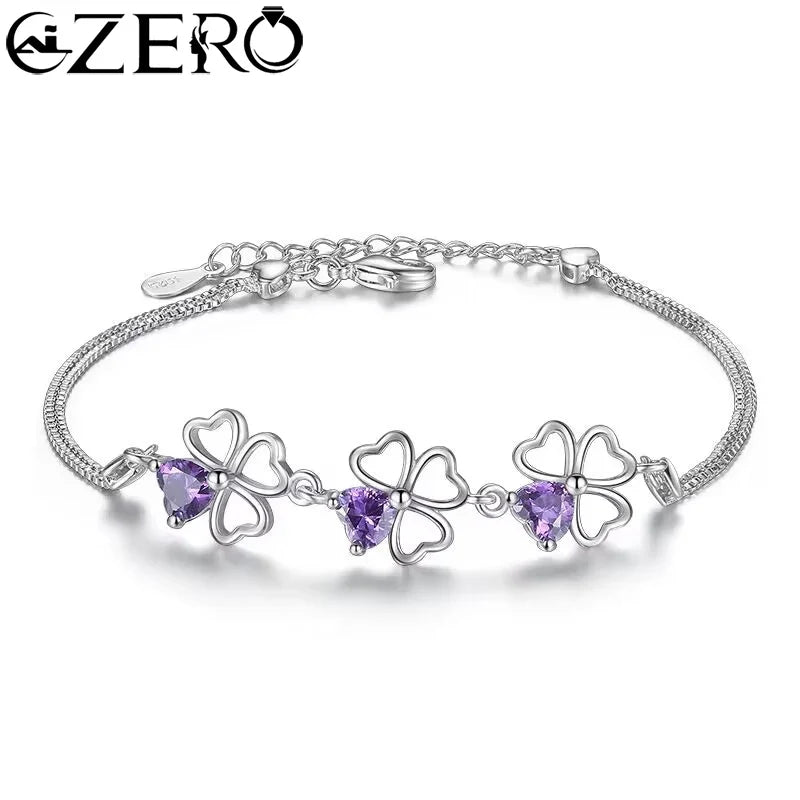 NEW Fine 925 Sterling Silver Purple Crystal Lucky Clover Bracelets for Women Fashion Party Wedding Accessories Jewelry 17CM+4CM