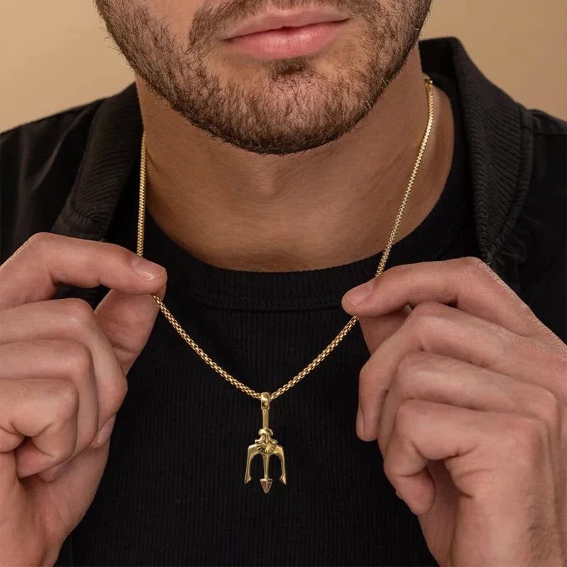 Fashion 18K Gold Plated Greek Mythology Poseidon Trident Pendant Stainless Steel Vintage Roman God Neptune Men's Charm Pendant