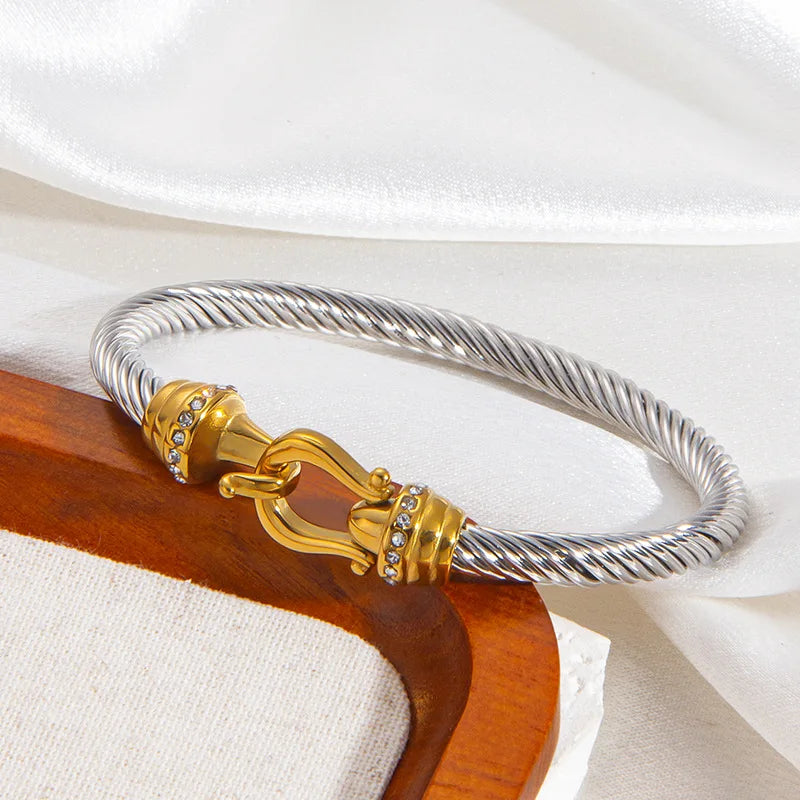 1pcs Stainless Steel Gold-plated Bangle Trendy Retro Hip-hop Style Bracelet Fried Dough Twists Steel Wire Rope Colorfast Bangle