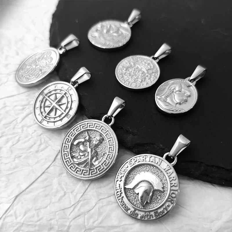 Stainless Steel Vintage Round Portrait Coin St. Michael Compass Pendants Charm For Women Necklace Making Diy Jewelry
