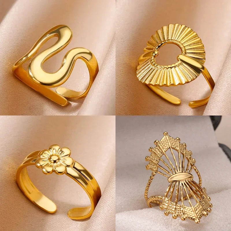 Irregular Geometric Glossy Stainless Steel Open Rings For Women Minimalist Gold Color Adjustable Wedding Ring Female Jewelry