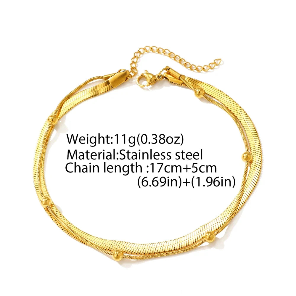 Stainless steel anklet bead strings snake bone chain double layered stacking anklet beach vacation ladies seaside party matching