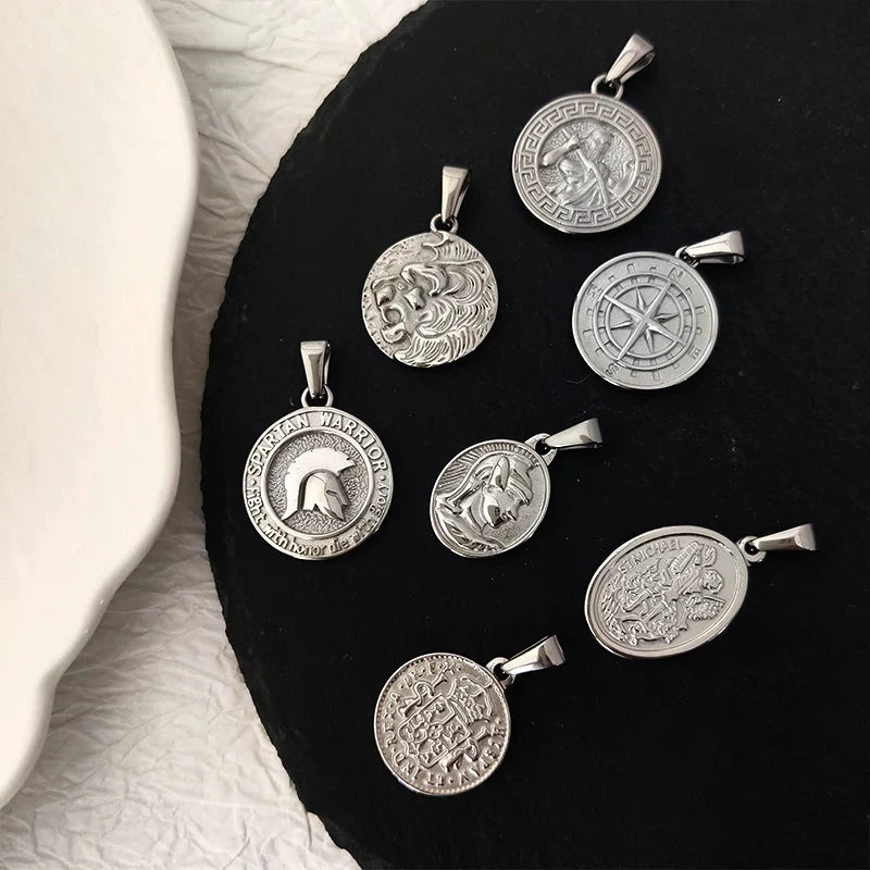 Stainless Steel Vintage Round Portrait Coin St. Michael Compass Pendants Charm For Women Necklace Making Diy Jewelry