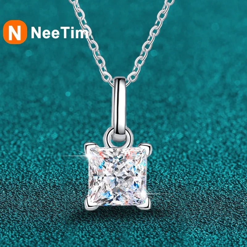 NeeTim 1ct Princess Cut Moissanite Necklace Pendant S925 Sterling Silver Party Wedding Dimond Necklaces For Women Certified