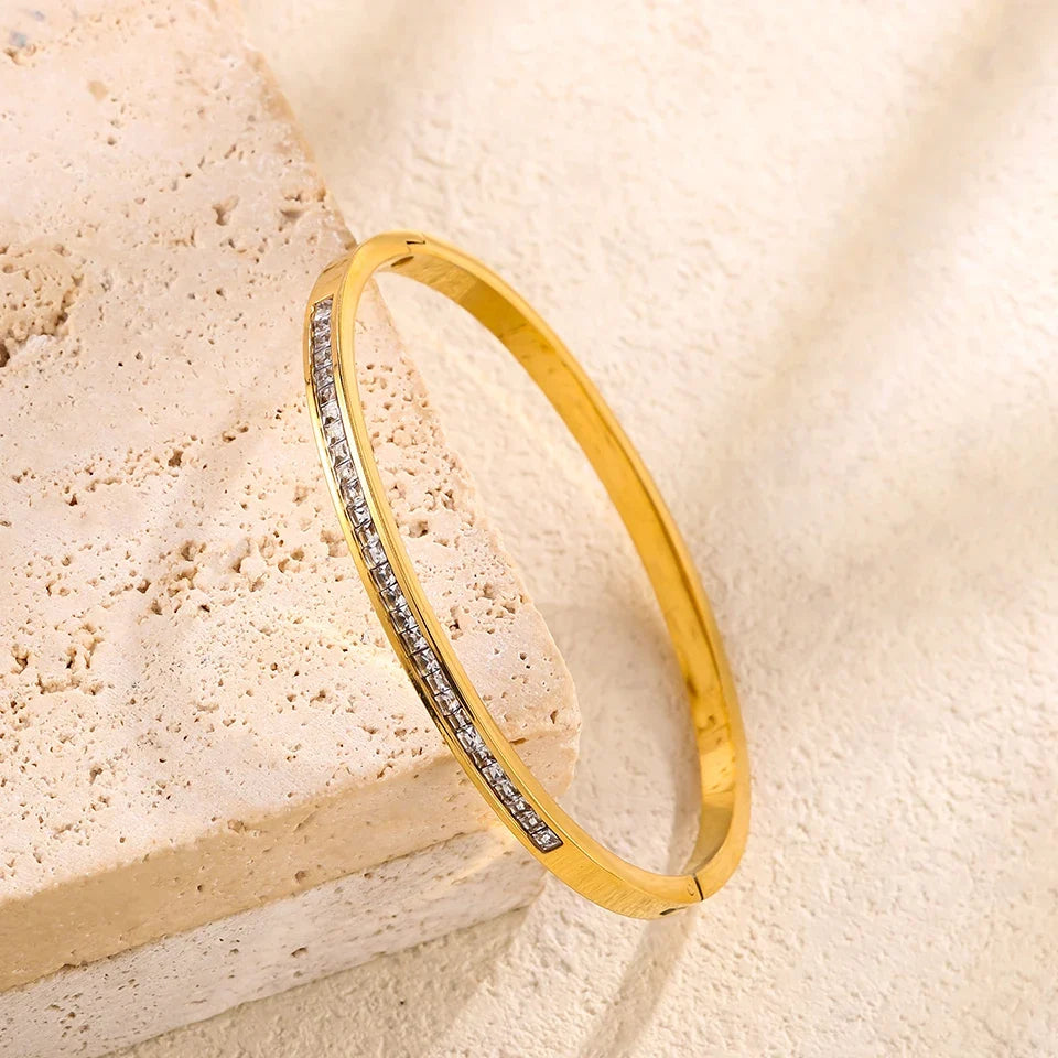 Yupsk Titanium Steel Couple's Bracelet Shiny Zircon Inlaid Stainless Steel Bangles Gold/Silver Color Female Jewelry Gift
