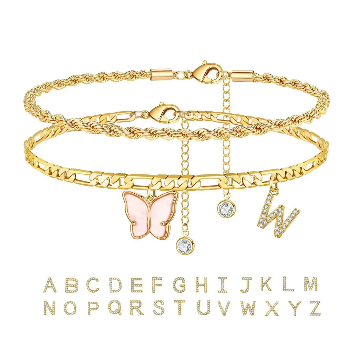 2Pcs Stainless Steel Initial Anklet Set For Women 26 Letter Acrylic Butterfly Charm Chain On Foot Summer Ankle Bracelet Jewelry