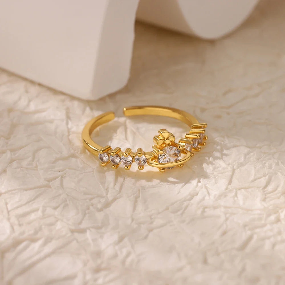 Stainless Steel Zircon Geometric Rings For Women Luxury Evil Eye Gold Color Adjustable Trendy Wedding Aesthetic Jewerly Gift