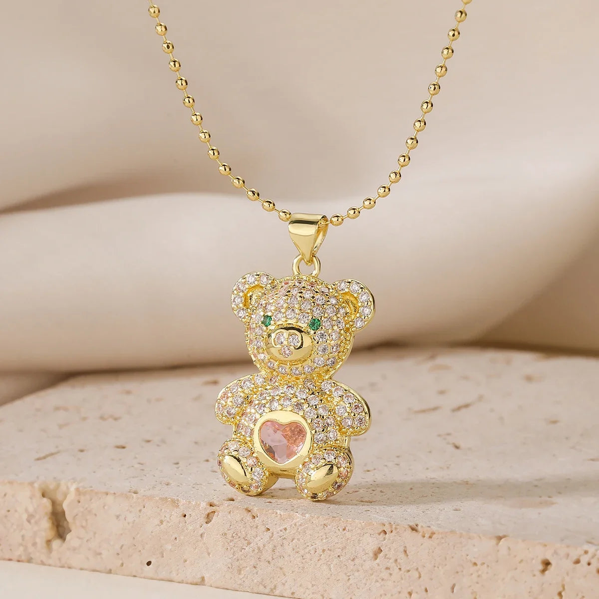 NEWBUY Hot Sale 2 Style Lovely Bear Pendant Necklaces For Women Shiny CZ Zircon Inlay Gold Color Copper Jewelry