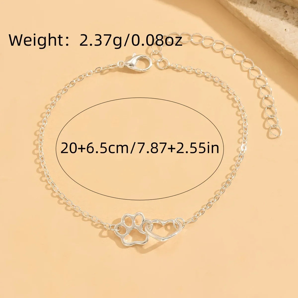925 sterling silver women's ankle bracelet with double-layer cat claw and heart-shaped charms, Bohemian-style vacation jewelry