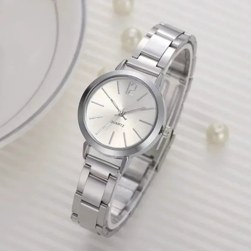 Relógio de pulso de quartzo redondo simples para mulheres, moda inoxidável, pulseira de ouro, relógios femininos, luxo,